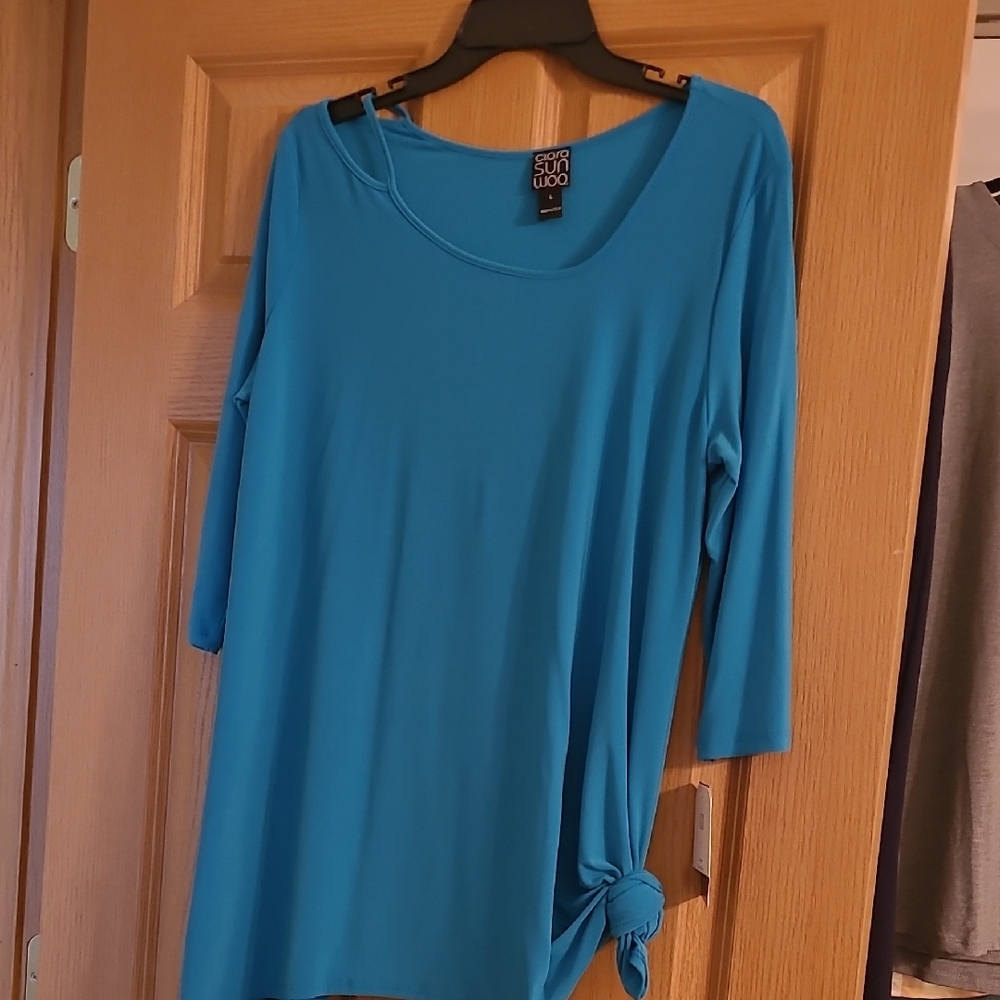 CLARA SUNWOO Aqua Long Sleeve Top with Knot